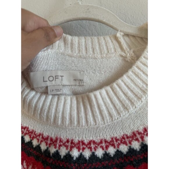 Loft Women’s Holiday Pullover Sweater Reindeer Fair Isle Petite Large Red Gray - Picture 9 of 12